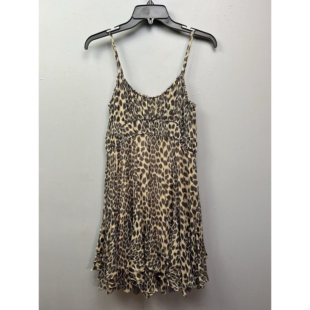 Rebecca Taylor Dress Womens 2 Brown Leopard Print Silk Metallic Ruffle Mini 2949